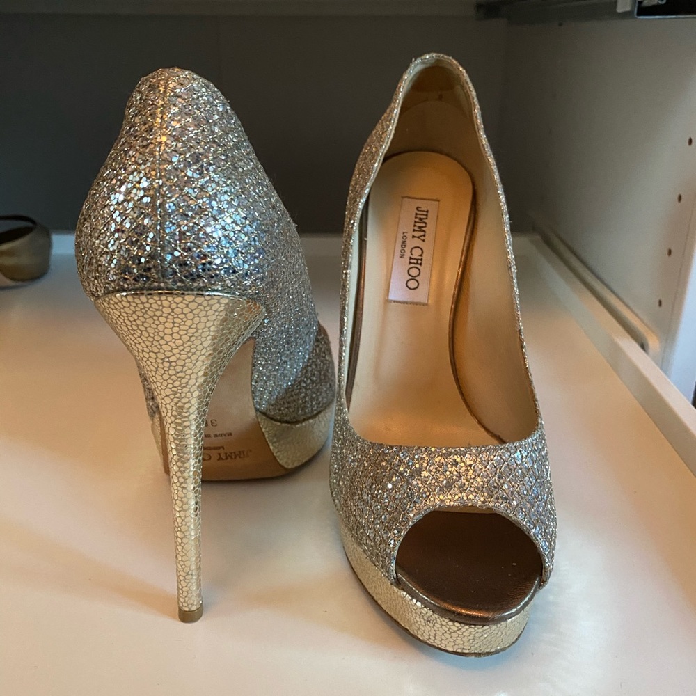Jimmy Choo Peep Toe Glitter Heel, 38.5